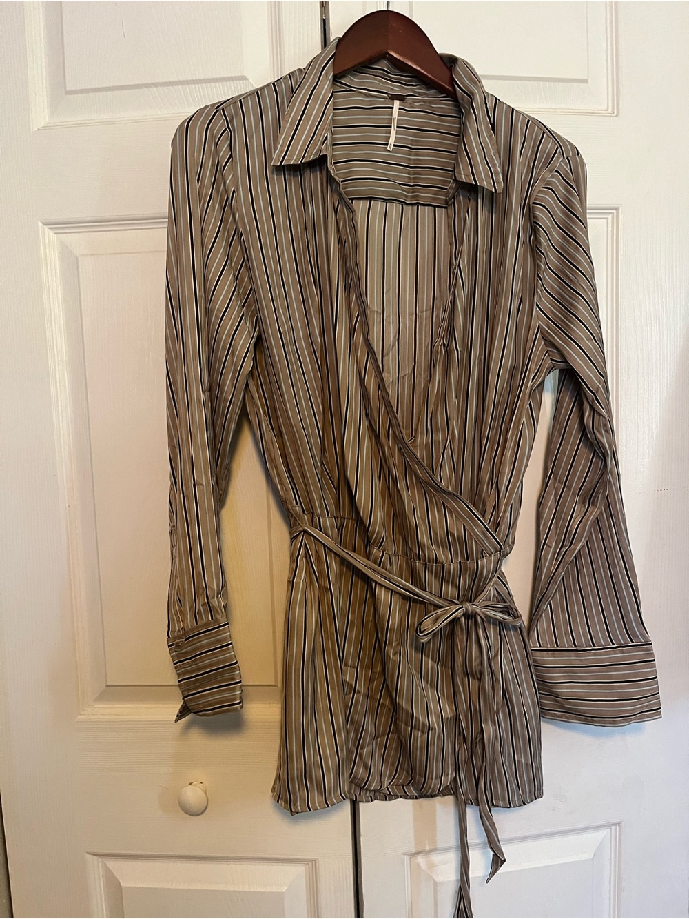 Free People Beige and Black Striped Mini Wrap Dress